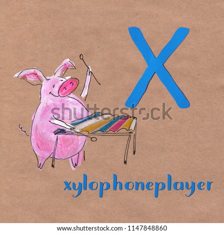 Alphabet for children with pig profession. Letter X. Xylophoneplayer