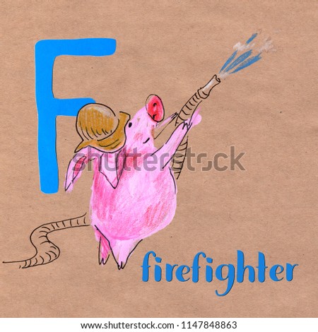 Alphabet for children with pig profession. Letter F. Firefighter