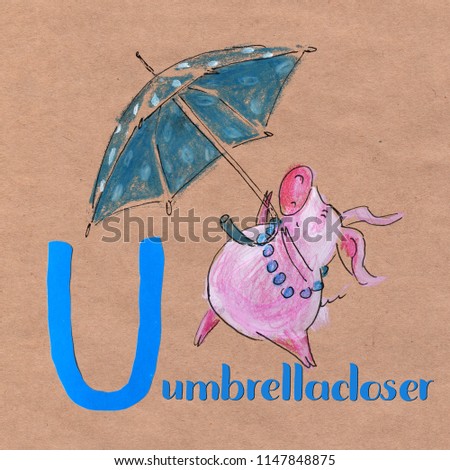 Alphabet for children with pig profession. Letter U. Umbrellacloser