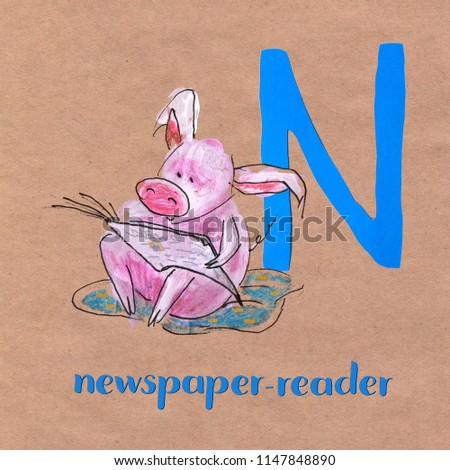 Alphabet for children with pig profession. Letter N. Newspaper reader