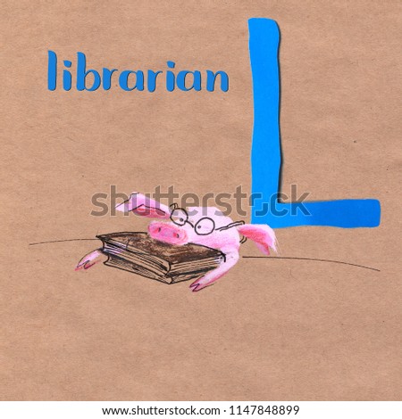 Alphabet for children with pig profession. Letter L. Librarian