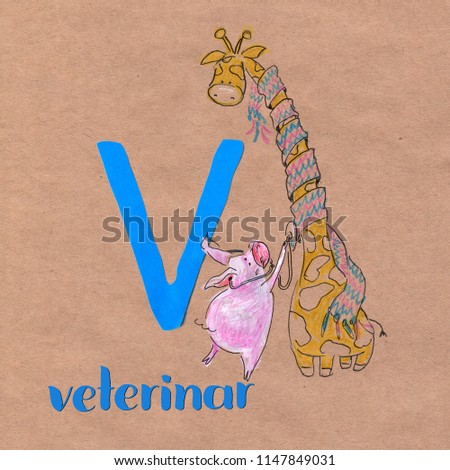 Alphabet for children with pig profession. Letter V. Veterinar