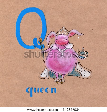 Alphabet for children with pig profession. Letter Q. Qeen