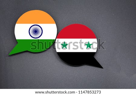 India and Syria flags with two speech bubbles on dark gray background