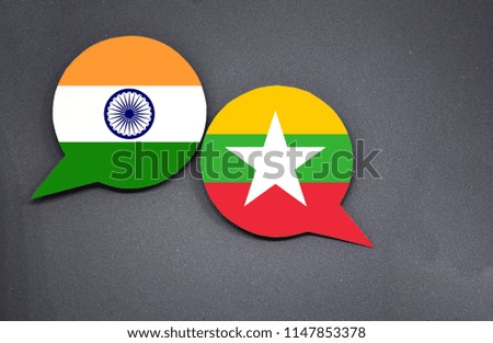 India and Myanmar flags with two speech bubbles on dark gray background