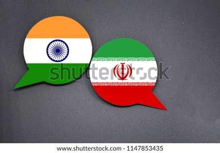 India and Iran flags with two speech bubbles on dark gray background
