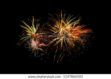 New years eve holiday celebration fireworks explosion colourful night sky view