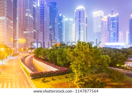 Shanghai city night scene and modern architectural background
