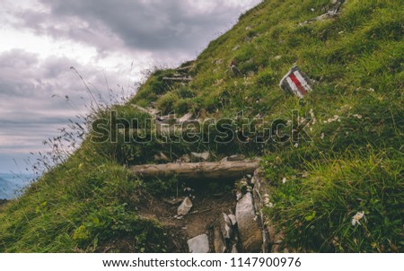 scary hiking path on steep mountain. hiking path sign on a stone in the grass, brienzer rothorn switzerland
