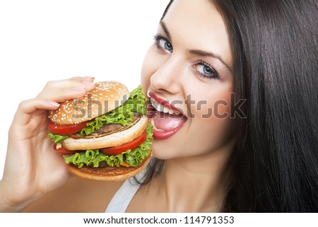 close-up portrait of girl and hamburger on white background