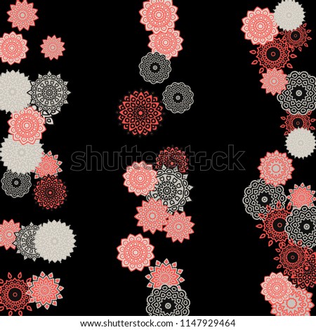Ethnic Background with Snowflakes or Mandalas. Winter Pattern with Cute Snowflakes. Christmas or Indian Texture in Trendy Style. Vector Snowflakes for Card Design on Black Background