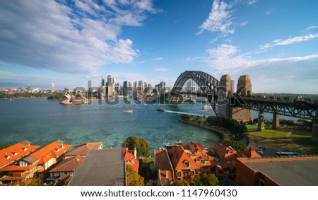 Sydney harbour, harbour bridge and city landmarks from aerial panorama on sunny morning, Australia.