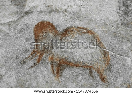 a drawing of a mammoth on a cave wall painted by an ancient man. long time. archeology. era.