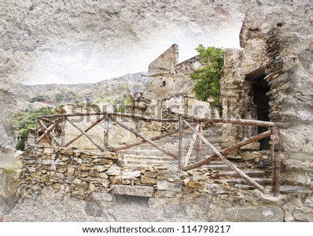 Gairo Vecchio, a village destroyed by a flood, Sardinia, Italy - stylized picture with patina texture