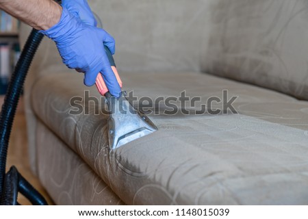 Closeup of upholstered Sofa chemical cleaning with professional extraction method. Royalty-Free Stock Photo #1148015039