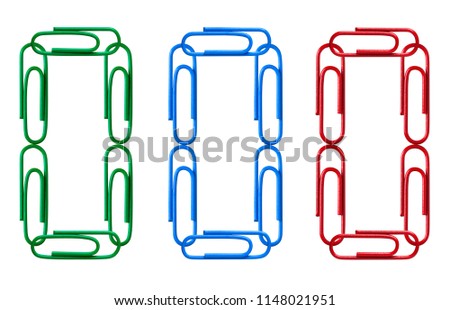 Multi-colored figures from paper clips isolated on white background. Number zero.