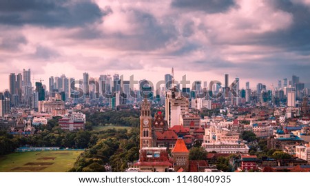 Mumbai skyline- with Fort and heritage buildings in the foreground and SoBo skyline in the backdrop. Royalty-Free Stock Photo #1148040935