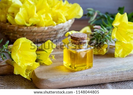 A bottle of evening primrose oil and fresh blooming plant  Royalty-Free Stock Photo #1148044805