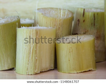 Macro close up on sugar cane isolated cut in small pieces. With sugar cane it is possible to make a healthy and sweet natural juice.