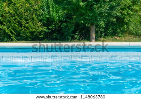 Blue swimming pool with edge and vegetation and plants in the background. Backdrop, wallpaper. summer. Royalty-Free Stock Photo #1148063780