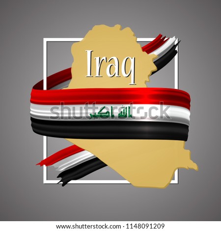 Iraq flag and map.Official election national colors.Iraqi 3d realistic icon with ribbon,map border. Emblem glory sign.Vector illustration background. Realistic icon with flag and land map stroke