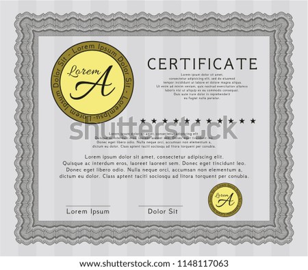 Grey Certificate or diploma template. Vector illustration. With guilloche pattern and background. Modern design. 