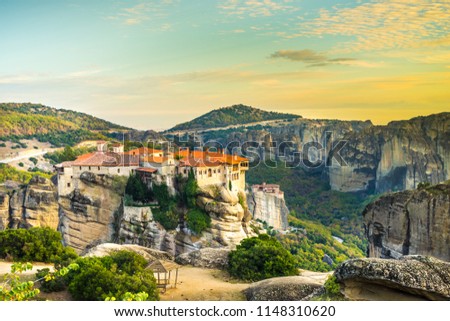 Holy Varlaam and Rousanou monastery on cliff in Meteora, Thessaly Greece. Greek destinations