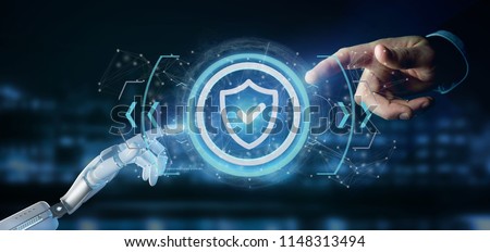 View of a Cyborg hand holding a Technology security icon on a circle 3d rendering