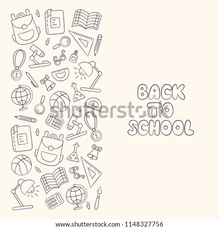 Back to school. First September. Day of knowledge. Lettering. Linear. Set of school elements in doodle and cartoon style. Vector