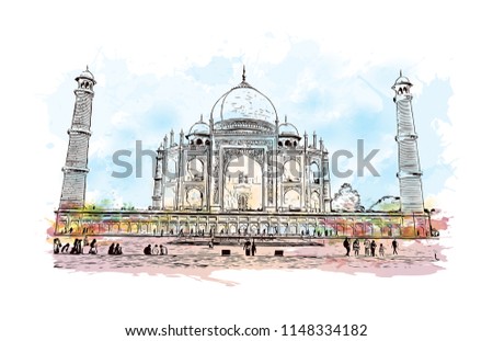 Taj Mahal, Mausoleum in Agra, Uttar Pradesh, India. Watercolor splash with Hand drawn sketch illustration in vector.
