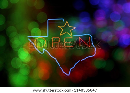 Neon Open Sign With State of Texas Outline and Star, Focus on Star and Texas Outline