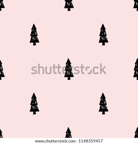 Seamless vector pattern with nice black christmas trees on pink background. Simple flat style.Hand drawn trees. Christmas edition. Perfect for greeting cards, wrapping paper, banners, etc. Royalty-Free Stock Photo #1148359457