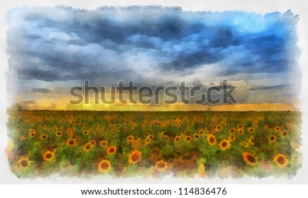Digital structure of painting.Watercolor picture Wonderful sunset over sunflowers field