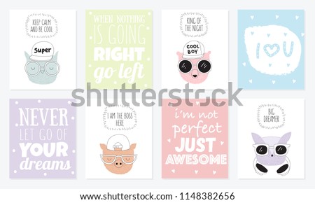 Vector collection of postcards with line drawing hipster animals with cool slogan. Doodle illustration. Friendship day, Valentine's, anniversary, birthday, children's or teenager party