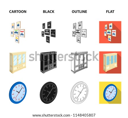 Cabinet, shelving with books and documents, frames on the wall, round clocks. Office interior set collection icons in cartoon,black,outline,flat style isometric vector symbol stock illustration web.