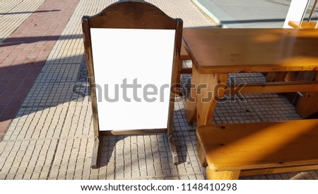 Outdoor White Blank Advertisement  Banner Mock Up Wooden Menu Stand.Isolated Template Clipping Path
