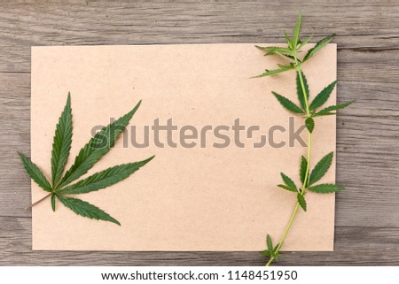 Hemp leaves and flowers with craft blank paper on old grunge wooden background. Top view. Minimalistic mockup.