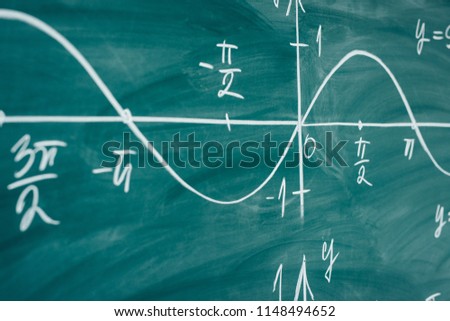 Graph of sine drawn on the chalkoard Mathematics trigonometry. Royalty-Free Stock Photo #1148494652