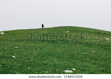 A man climbs a mountain. A green grass grows on the slope. A tourist in equipment travels the world. In the photo one person and a natural landscape.