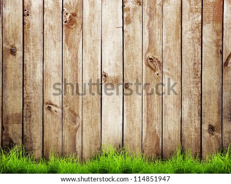 Fresh spring green grass over wood fence background Royalty-Free Stock Photo #114851947
