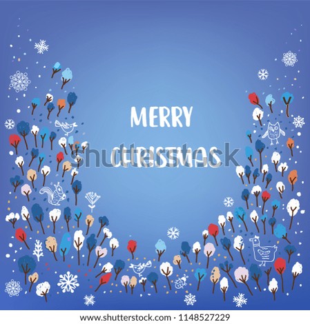 Merry Christmas card with forest, animals, snow, doodle style. Vector graphic illustration