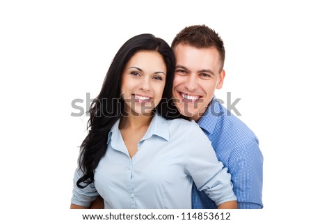 beautiful young happy couple love smiling embracing, man and woman smile looking at camera, isolated over white background