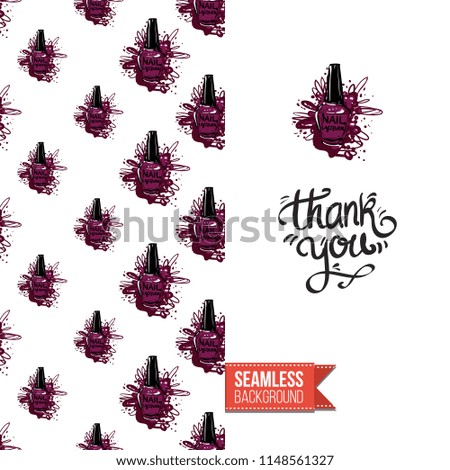 Funny greeting card with manicure pattern for girl, woman. Fashion nail art background and text: thank you. Vector template with seamless backdrop and motivation quote. Watercolor style graphic.