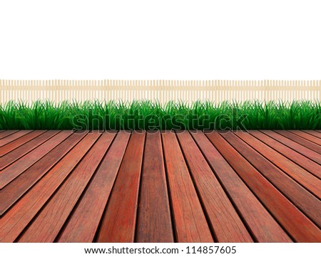 brown wood terrace and green grass white fence
