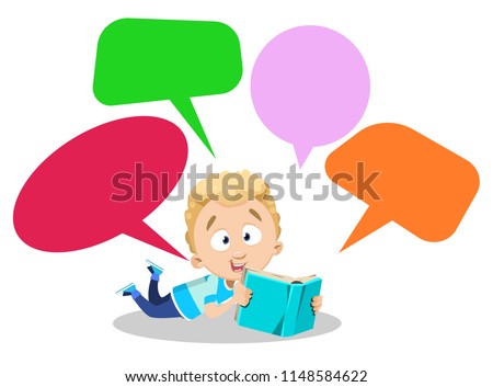 Curly-haired boy lies on his stomach and holds book with both hands in blue cover. Over head of lad four dialogue clouds with his thoughts, questions and ideas. Color illustration on white background