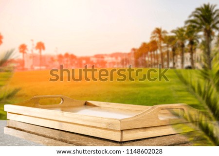 Table background with free space for your decoration and landscape with palms.