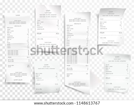 Receipts vector illustration of realistic payment paper bills for cash or credit card transaction with purchase items sum price from shop or sale store. Isolated 3D on transparent background Royalty-Free Stock Photo #1148613767