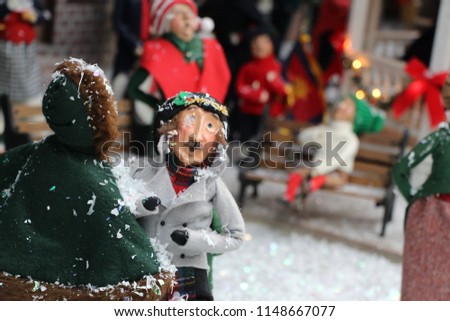Vintage doll Christmas wintry old world department store window scene