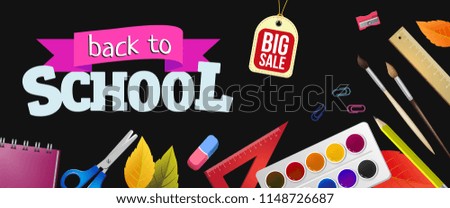 Back to school, big sale lettering with supplies. Offer or sale advertising design. Typed text, calligraphy. For leaflets, brochures, invitations, posters or banners.