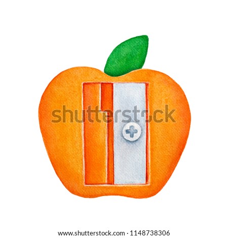 Cute colorful sharpener for colored pencils and crayons. One single object, adorable design, top view. School supplies symbol. Hand drawn watercolour painting on white, isolated clip art element.